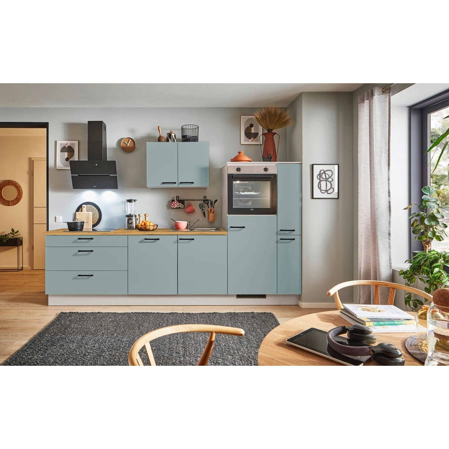 pino Küchenzeile 300 cm Fjordgrün Anschlag rechts 1 Geräte-. 1 Seitenschrank