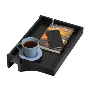 Schwarze SoBuy Bettablage NKD01-SCH mit Tasse, Buch und Smartphone.