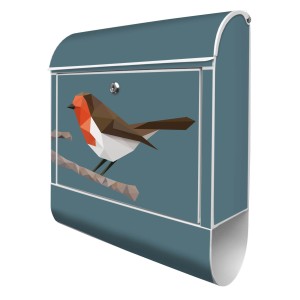Silberner Banjado Design Briefkasten mit abstraktem Vogel Motiv und Zeitungsfach.