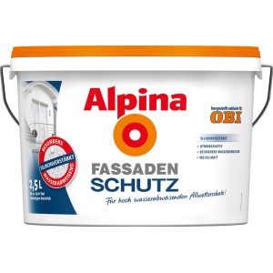 Eimer Alpina Fassadenschutz, Weiß matt, 2,5 Liter. Silikonverstärkte Fassadenfarbe für optimalen Schutz.