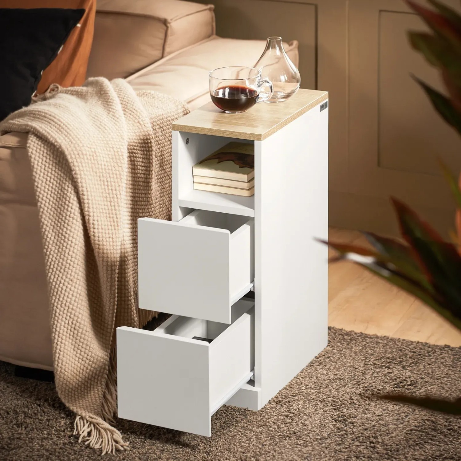 SoBuy Weißer Nachttisch FBT149-WN Schmal 20 cm breit mit 2 Schubladen kaufen bei OBI