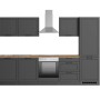 Moderne Küchenzeile Kempten 300 cm in Graphit/Grau mit E-Geräten und Edelstahl-Dunstabzugshaube.