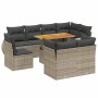 Graue 9-teilige vidaXL Garten-Sofagarnitur aus Polyrattan mit Tisch und Kissen.