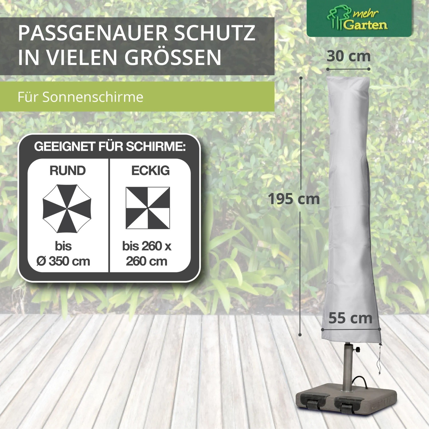 Mehr Garten Schutzhülle für Sonnenschirm, wasserdicht, UV-beständig, atmungsaktiv, passend für runde und eckige Schirme.