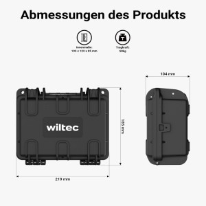 Schwarzer Wiltec Universalkoffer 21,9x18,5x10,4cm. Zeigt Abmessungen des robusten Transportkoffers und 50kg Tragkraft.