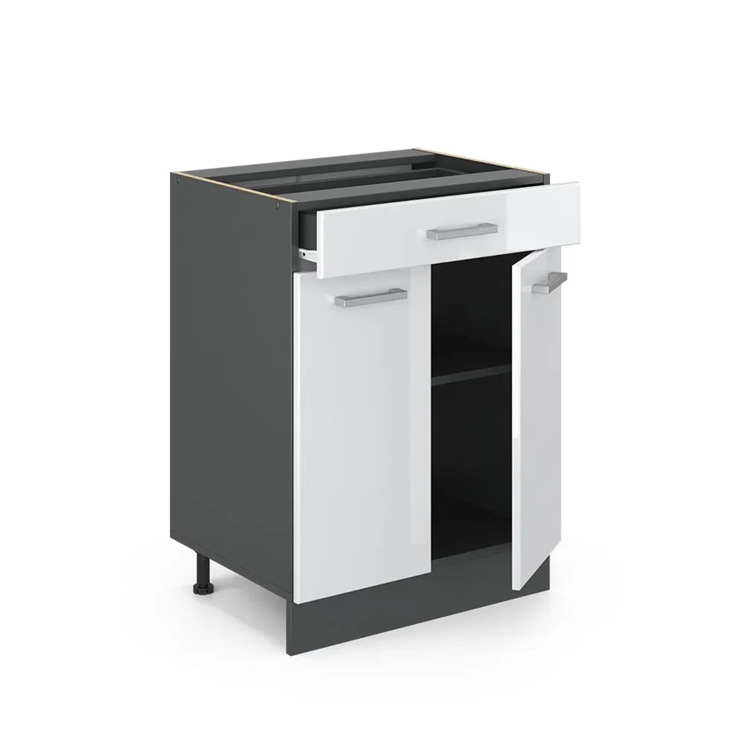 Vicco Küchenunterschrank R-Line, 80 cm, Weiß Hochglanz/Anthrazit mit Eiche Arbeitsplatte.