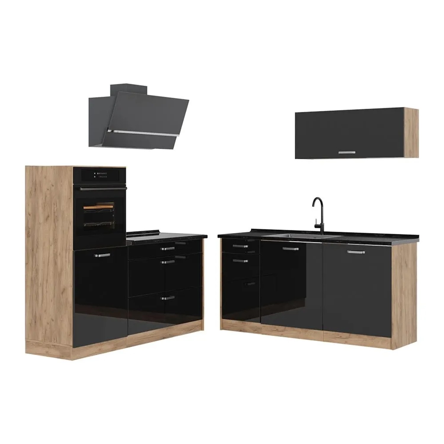 Vicco Küchenzeile R-Line Schwarz Hochglanz/Goldkraft Eiche 160 x 143 Arbeitsplatte Anthrazit Art Nr 66138