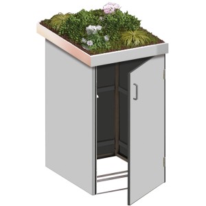 Graue Mülltonnenbox Binto mit Pflanzschale und geöffneter Tür.