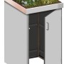 Graue Mülltonnenbox Binto mit Pflanzschale und geöffneter Tür.