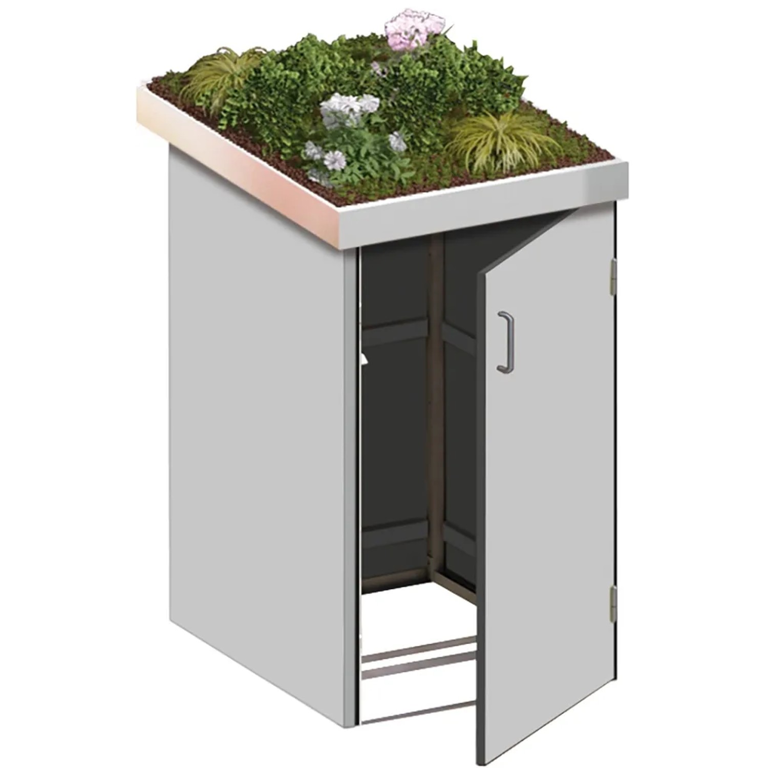Graue Mülltonnenbox Binto mit Pflanzschale und geöffneter Tür.