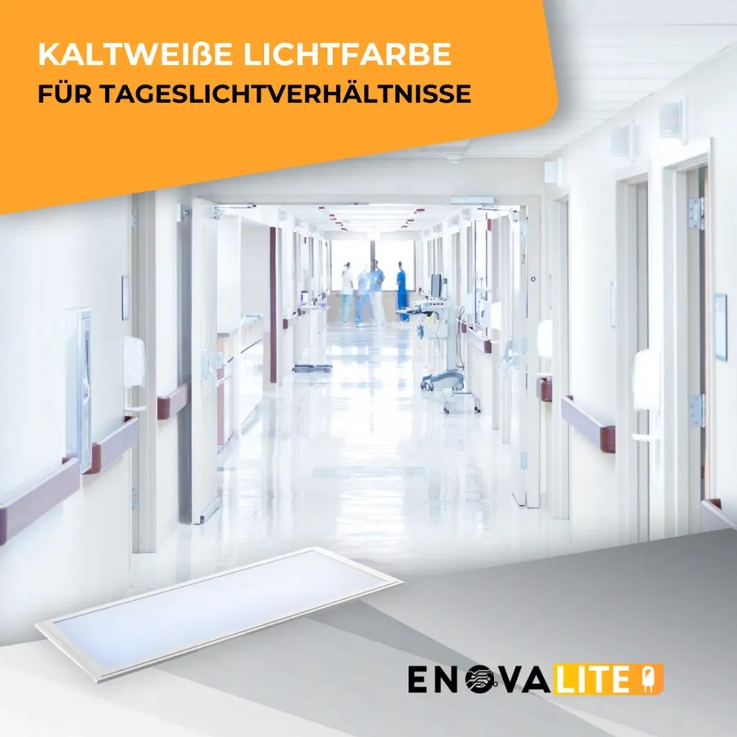 ENOVALITE LED-Panel 120x30 im Einsatz: Kaltweißes Licht in Flur mit medizinischem Personal. Büro-Einbauleuchte.