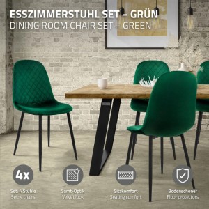 Vier dunkelgrüne Samt-Esszimmerstühle mit Rautensteppung, schwarzen Metallbeinen und Bodenschonern. Modernes 4er Set mit Sitzkomfort.