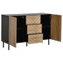 Schwarzes Sideboard mit Holzoptik-Fronten, 3 Schubladen & 2 offenen Türen. Moderner Wohnzimmerschrank mit Stauraum.