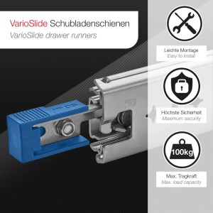 SOTECH Schwerlastauszug VarioSlide KV2-100-H53-L750-EH 750 mm Zweihandverriegelung Einrastfunktion Blauer Hebel Schubladenschiene Belastbar Bis 100 Kg