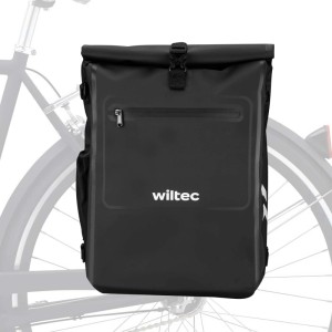 Robuste schwarze Wiltec Gepäckträgertasche 25L am Fahrrad, wasserresistent, mit Rollverschluss.
