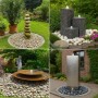 Verschiedene Brunnen und Wasserspiele im Garten, z.B. Steinbrunnen und Edelstahlbrunnen.