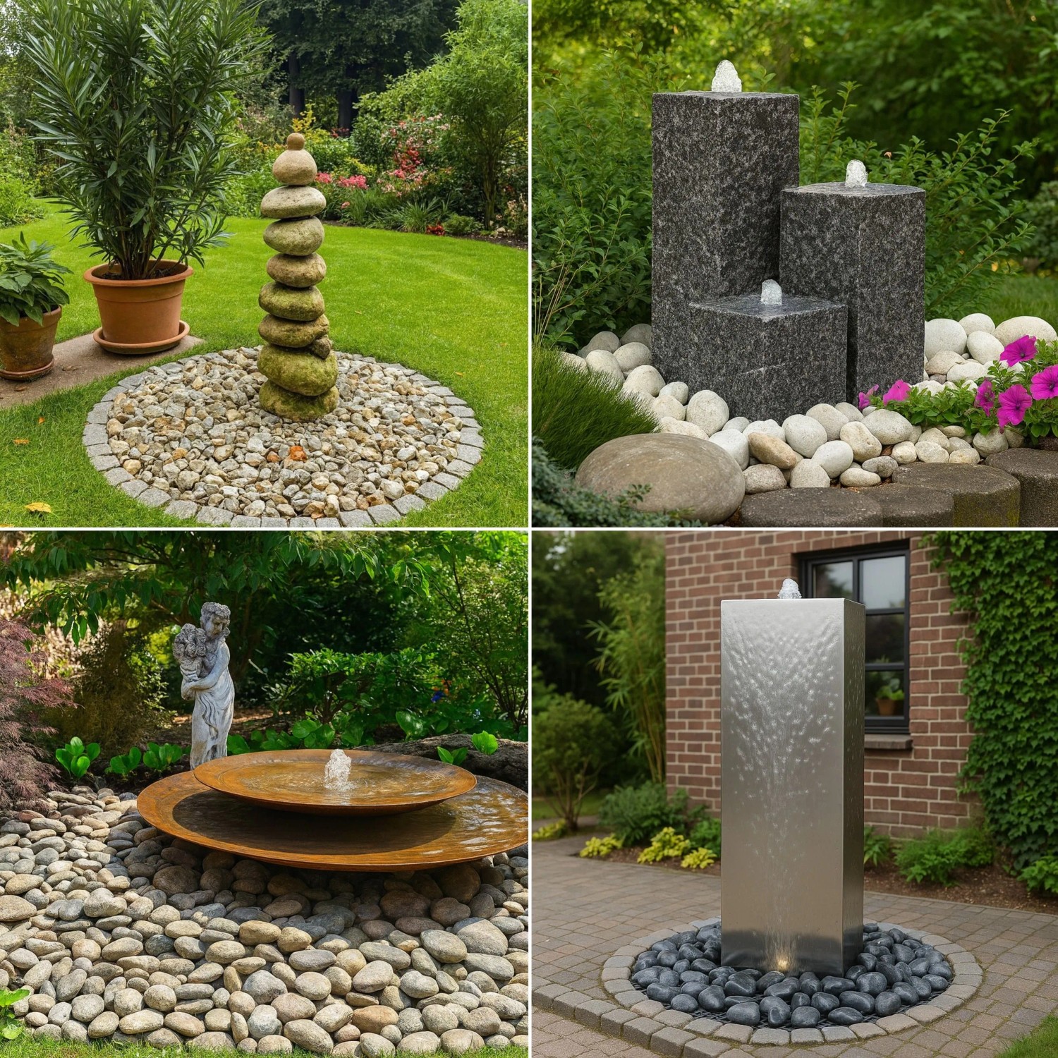 Verschiedene Brunnen und Wasserspiele im Garten, z.B. Steinbrunnen und Edelstahlbrunnen.