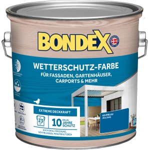 Dose Bondex Wetterschutz-Farbe Azurblau, 2,5 l. Holzfarbe für Außen, Fassaden, Zäune und Gartenhäuser.