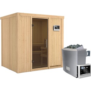 Karibu Sauna-Set Bjarne mit Ofen und ext. Steuerung, Tür Graphit. Massivholzsauna aus Fichte mit Ofen und Steuerung.