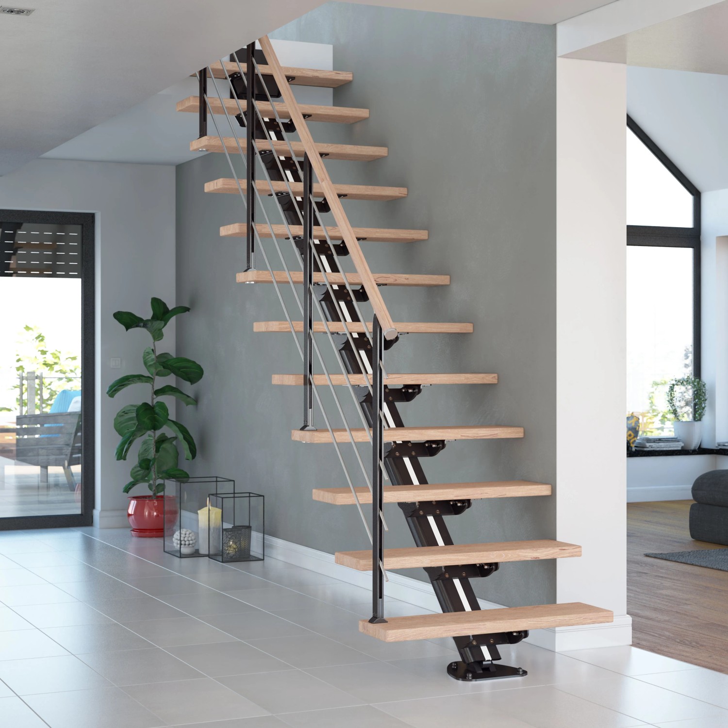 Dolle Mittelholmtreppe Sydney, 11 Stufen, Eiche weiß, Metall anthrazit, gerade Treppe.