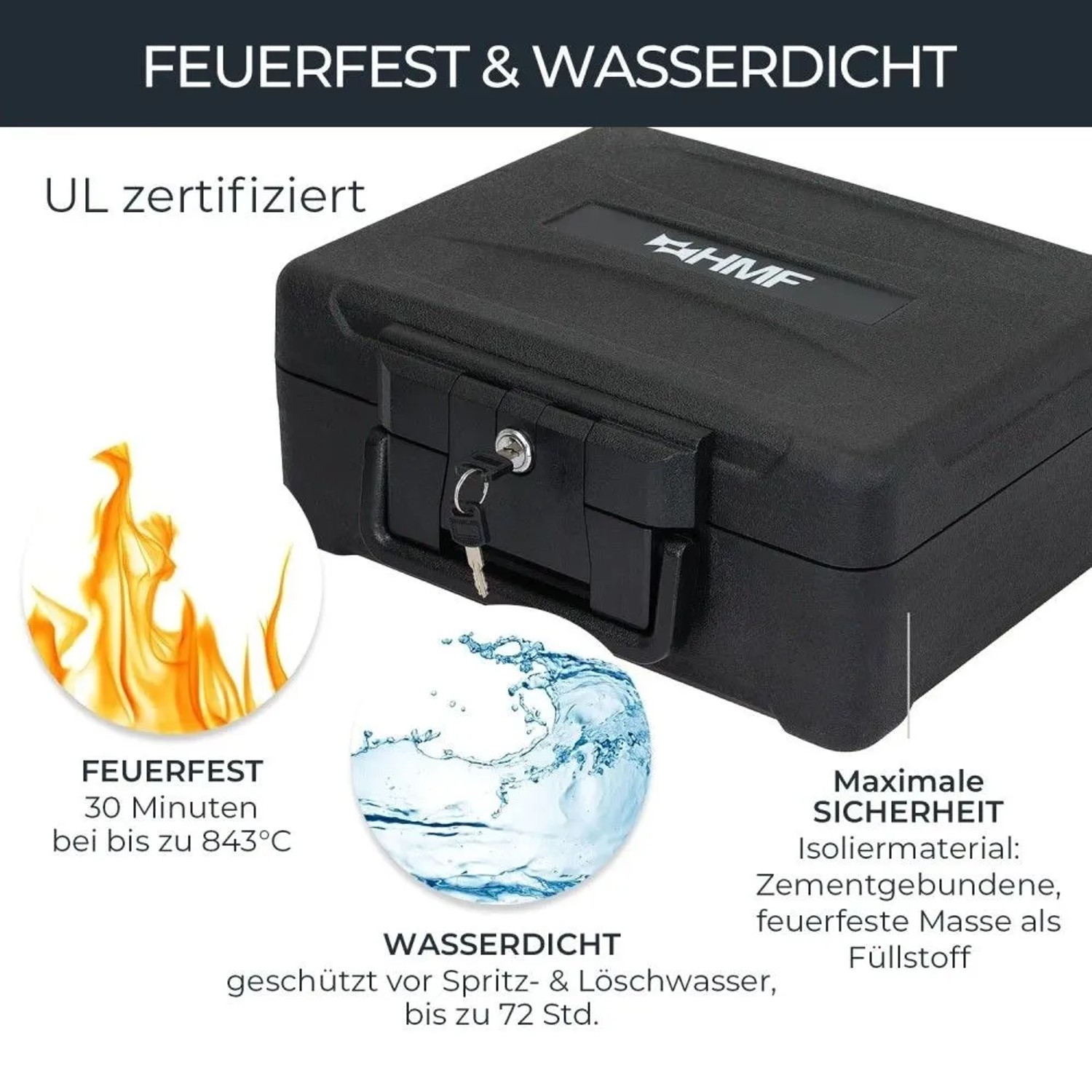 Schwarze HMF feuerfeste, wasserdichte Dokumentenbox mit Schlüssel im Schloss. Schützt DIN A4 Dokumente, Geld und Pässe.