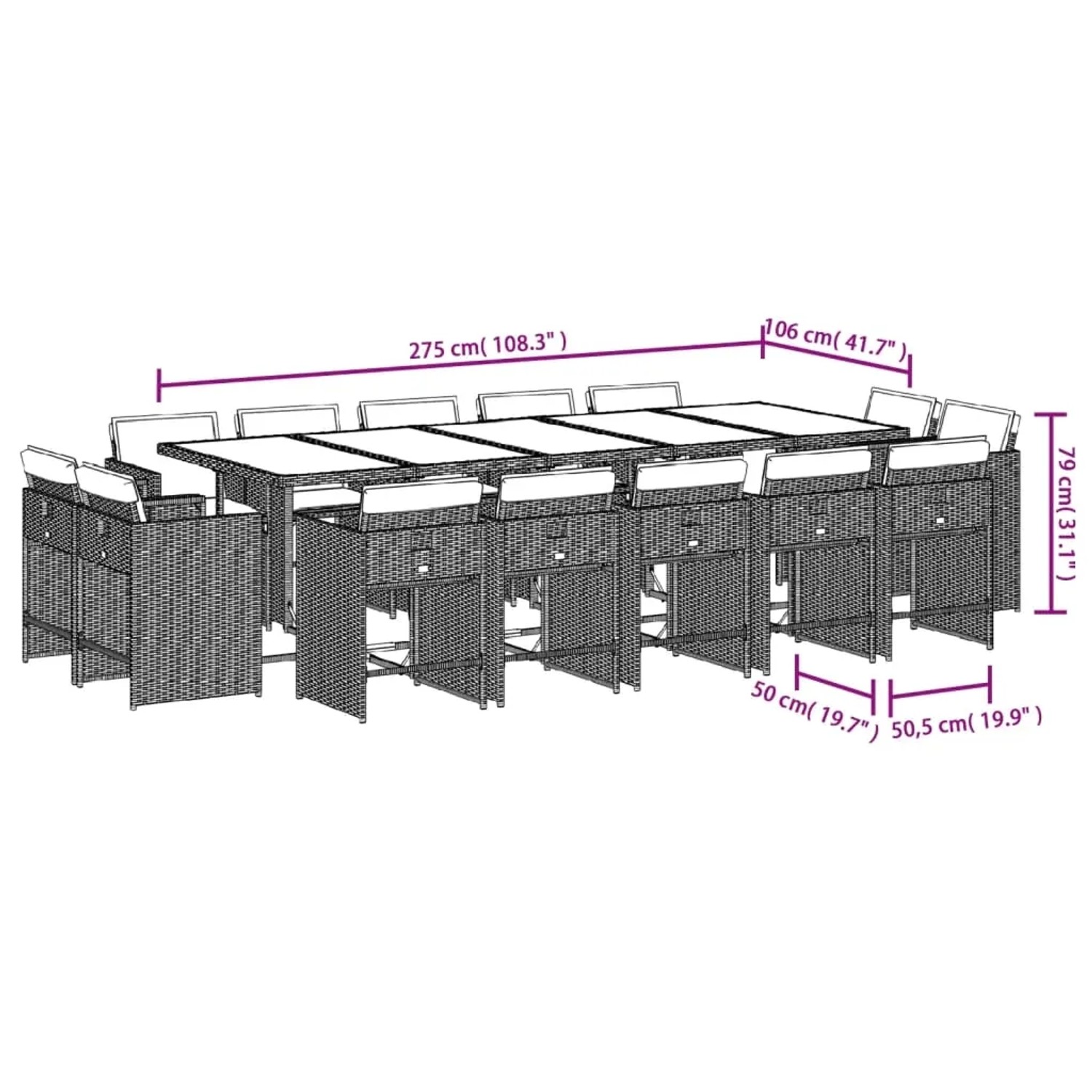 vidaXL Garten-Essgruppe, 15-teilig, schwarz, Poly Rattan, mit Tisch, 14 Stühlen und Kissen. Ideal für Garten und Terrasse.