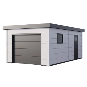 Moderne Fertiggarage 3663 mit weißen Ecken, 358x628 cm, mit Rolltor, Tür und Fenster.