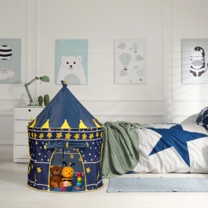 Relaxdays Spielzelt Mond und Sterne Polyester Stahl Fiberglas Blau Gelb Weiß Klettverschluss mit Tasche 135 cm x 100 cm 730 g