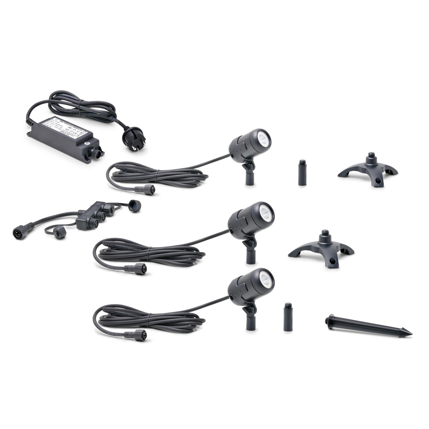Oase LunAqua Connect S 3er-Set: Unterwasserbeleuchtung mit 3 Spots, Trafo, Verteiler und Zubehör.
