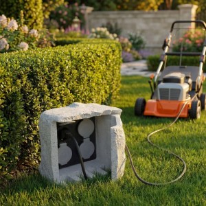 Graue 4-fach Gartensteckdose in Steinoptik im Gras, mit Rasenmäher verbunden. Robuste Außensteckdose IP44.