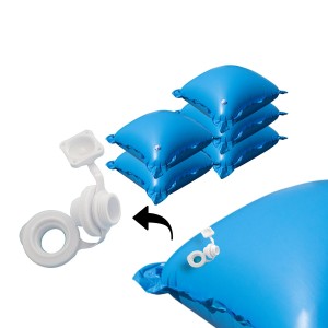 Set aus 5 blauen Poolkissen (100x100x50cm) mit Ösen und Luftventil zur Poolabdeckung im Winter.