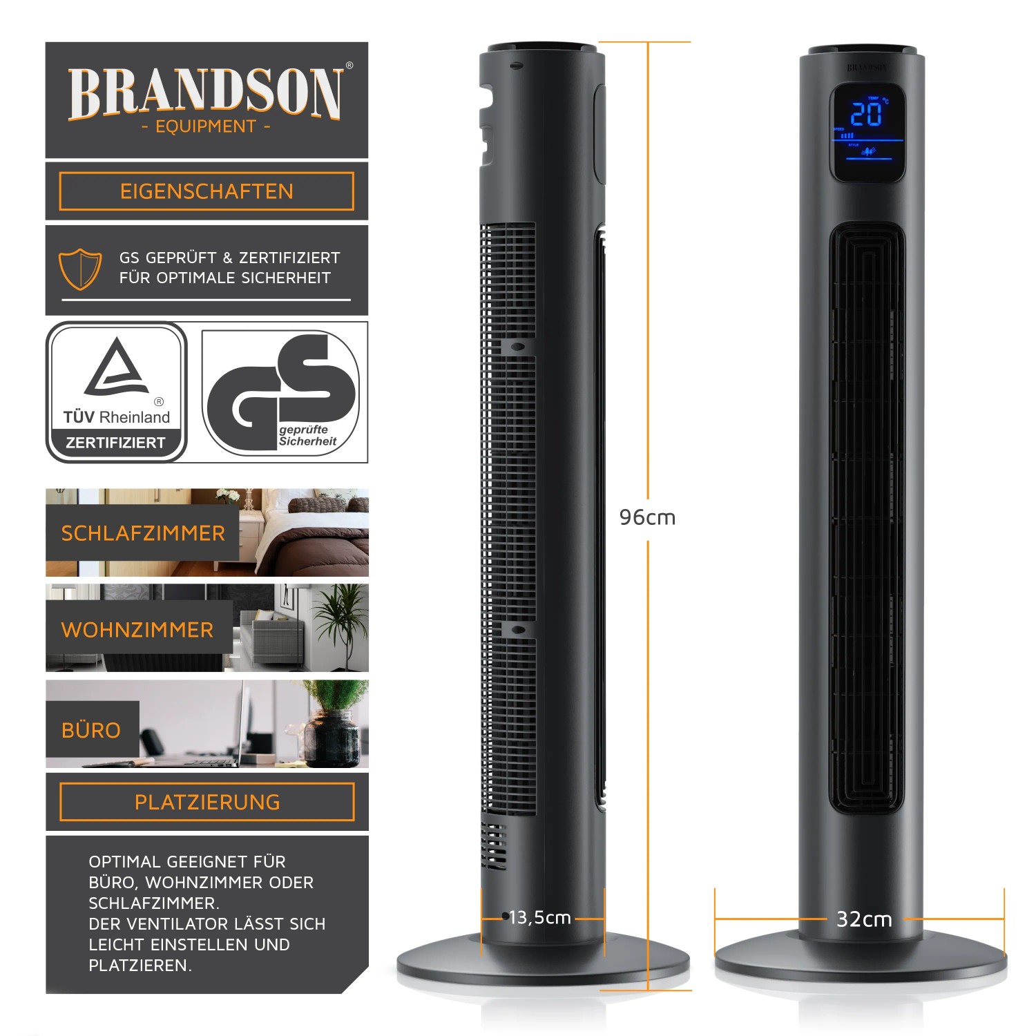 Brandson Turmventilator, 96cm, mit Fernbedienung, Oszillation und Timer. Leiser Ventilator für Büro, Wohn- und Schlafzimmer.
