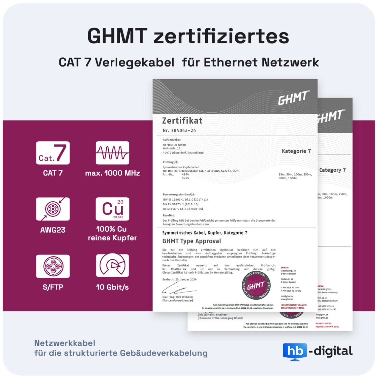 hb-digital CAT 7 Kabel, gelbes Duplex Ethernetkabel, 50m, GHMT zertifiziert für Netzwerktechnik.