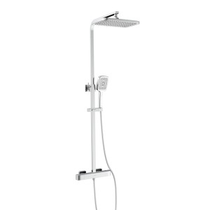 Glänzendes Chrom-Überkopfbrause-Set GRAN CANARIA mit quadratischer Regendusche, Handbrause und Thermostatarmatur.