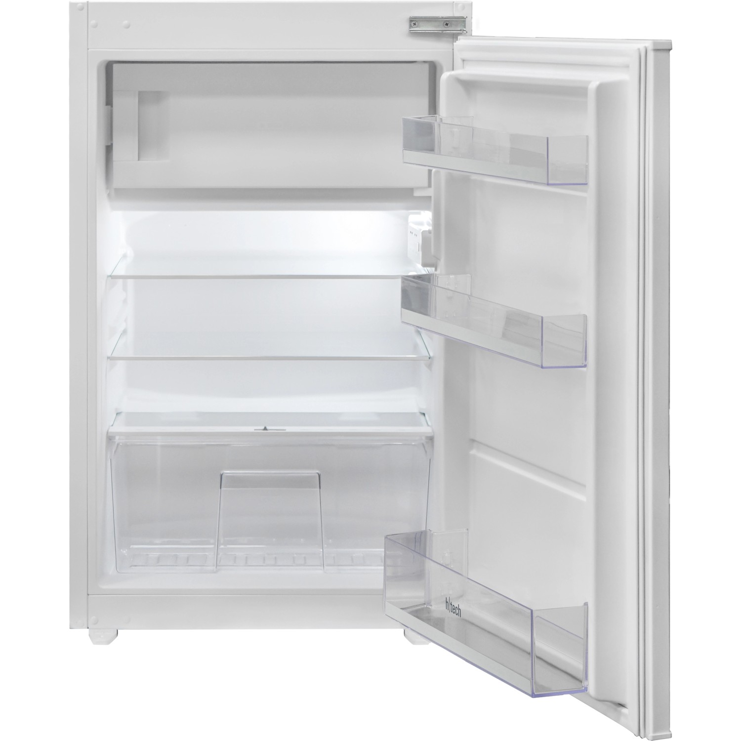 Innenansicht: Weißer Einbaukühlschrank der Flex-Well Küche mit geöffneter Tür und Regalböden.