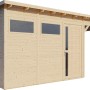 Bertilo Gartenhaus Pentus 3 Lounge aus naturbelassenem Holz mit Anbau und überdachter Fläche.