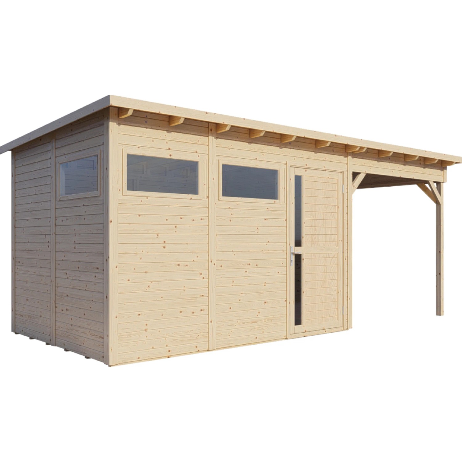 Bertilo Gartenhaus Pentus 3 Lounge aus naturbelassenem Holz mit Anbau und überdachter Fläche.
