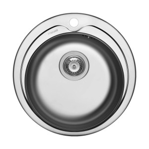 Runde Pyramis Edelstahlspüle Kiba Ø 48,5 cm mit Hahnbank und Siebkorbventil.