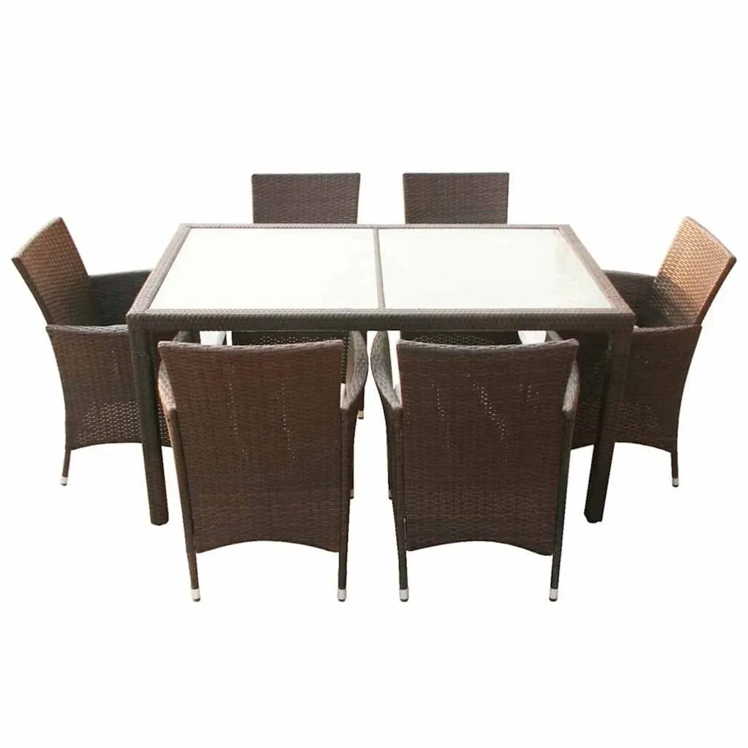 7-teilige Garten-Essgruppe aus Poly Rattan in Braun mit Glasplatte und 6 Stühlen.
