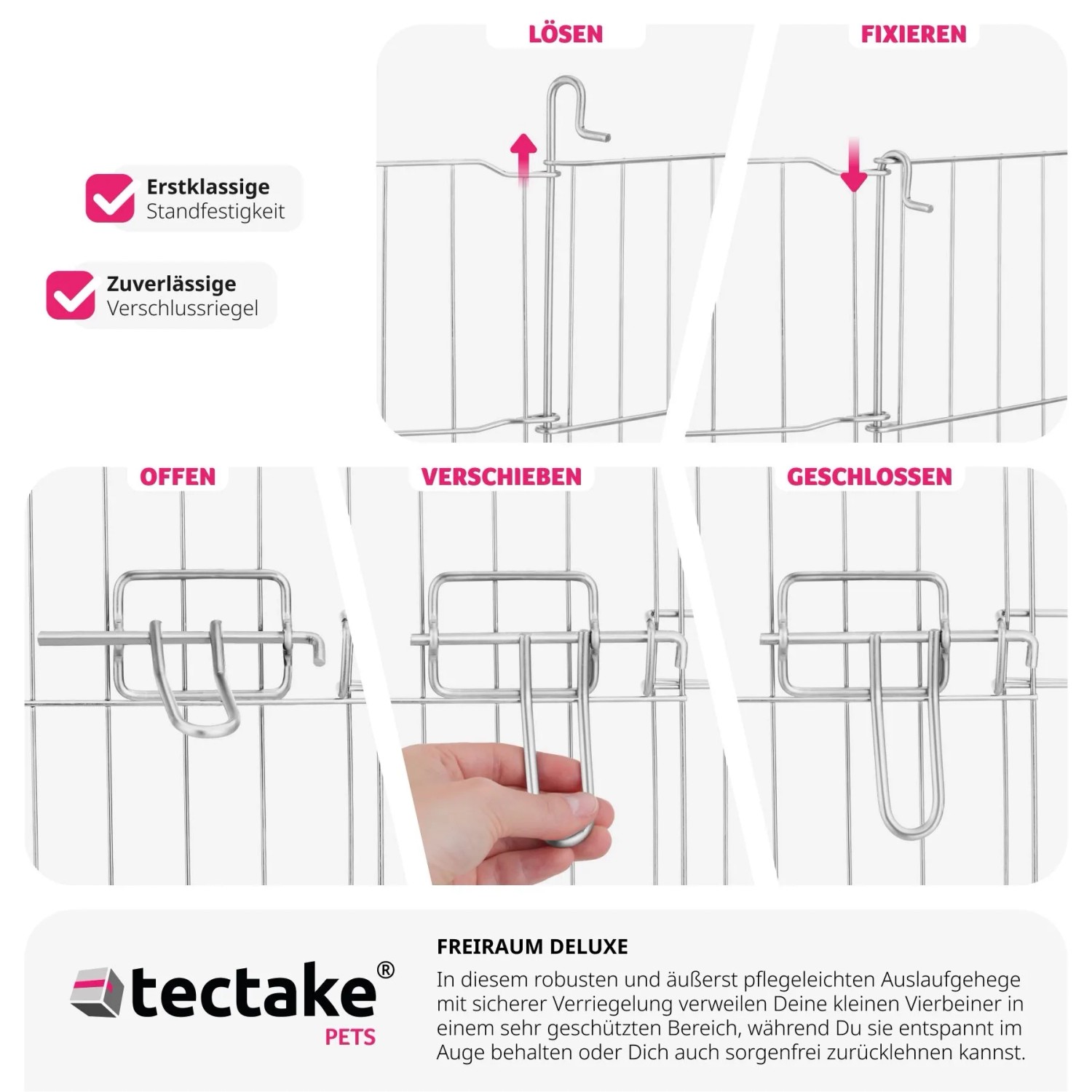 Detailaufnahme Tectake Freilaufgehege Hopper: Verriegelungssystem und Gitterelemente.