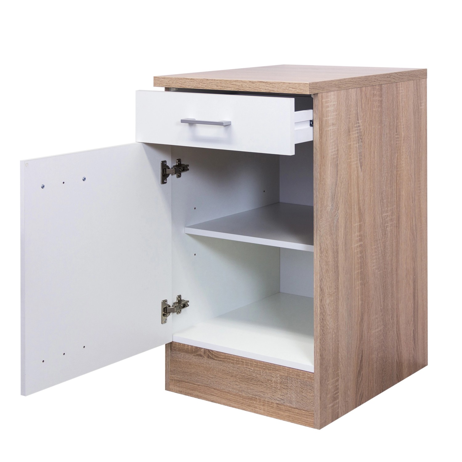 Flex-Well Küchen Unterschrank mit Schublade, Tür geöffnet, Dekor Sonoma Eiche/Weiß matt.