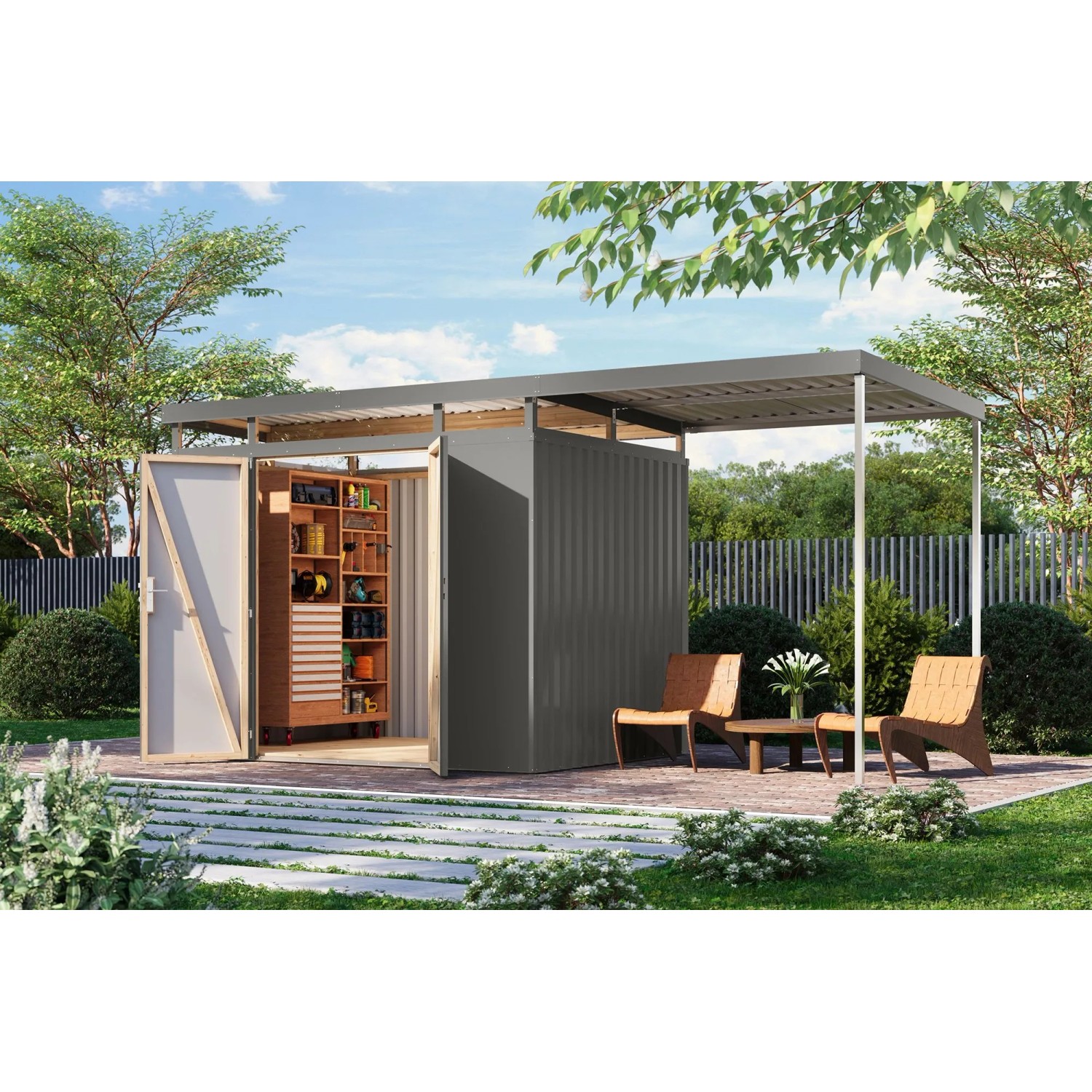 Karibu Metallgerätehaus Argos 3 mit Anbaudach 2 m Graualuminium