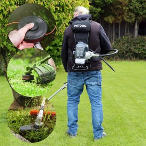 Wiltec 2-in-1 Backpacker Multifunktionsgerät: Mann trimmt Rasen mit Rucksackmotor. Details Fadenkopf & Motorsense.
