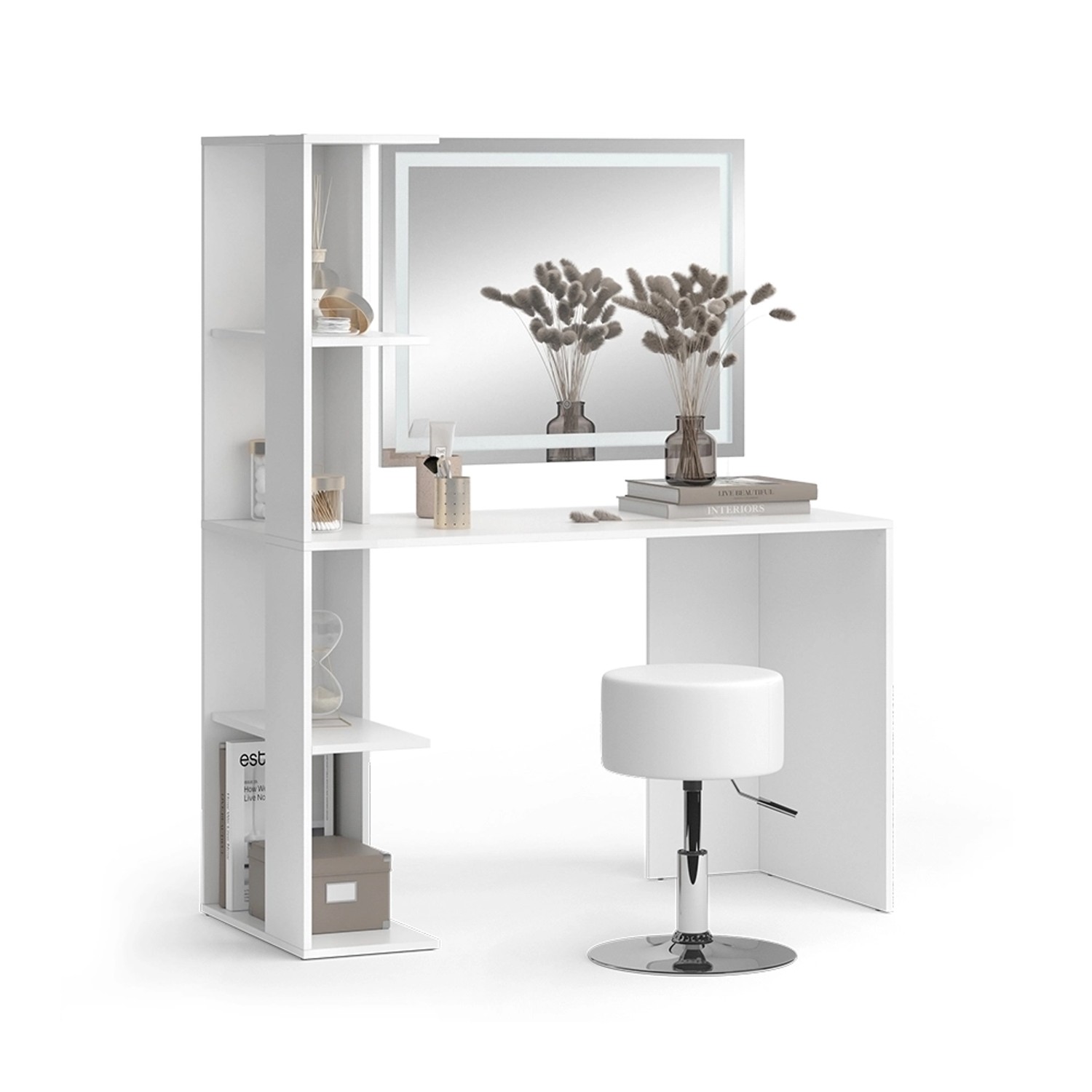 Weißer Vicco Schminktisch Tower mit LED-Spiegel, Hocker und Ablagefächern.