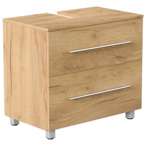 Posseik Waschbeckenunterschrank Mondial Universal 70 cm Eiche Gold mit zwei Schubladen und silbernen Griffen.