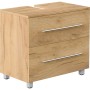 Posseik Waschbeckenunterschrank Mondial Universal 70 cm Eiche Gold mit zwei Schubladen und silbernen Griffen.