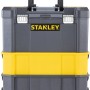 Stanley Rollende Werkstatt Essential, grauer Werkzeugwagen mit gelbem Element und Teleskopgriff.