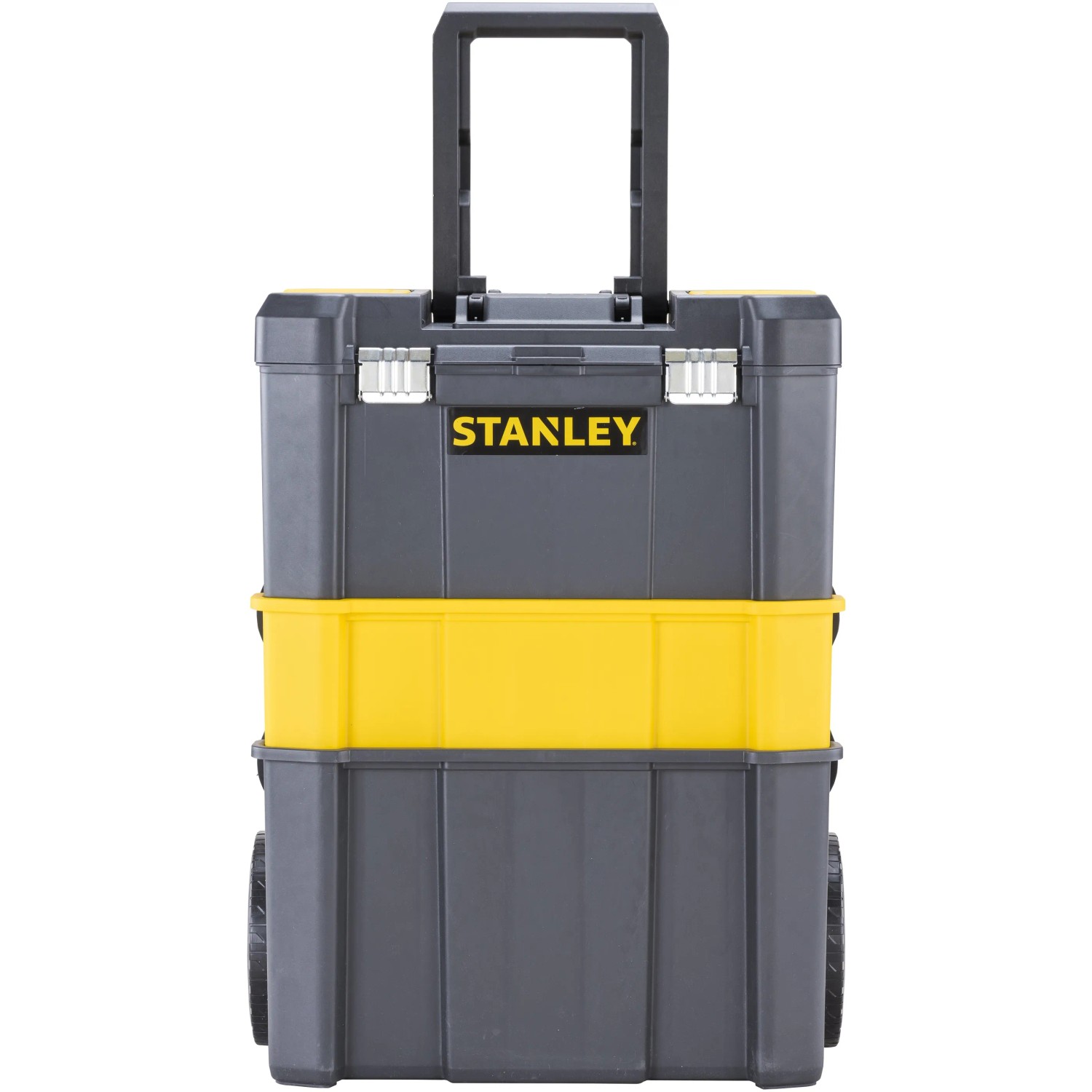 Stanley Rollende Werkstatt Essential, grauer Werkzeugwagen mit gelbem Element und Teleskopgriff.