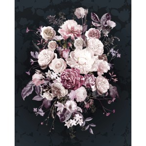 Komar Vliesfototapete Bouquet Noir, 200x250cm, mit Rosen und Pfingstrosen auf dunklem Grund.
