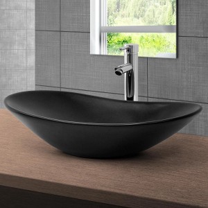 Modernes, ovales ML-Design Waschbecken aus Keramik, schwarz matt, mit Ablaufgarnitur.